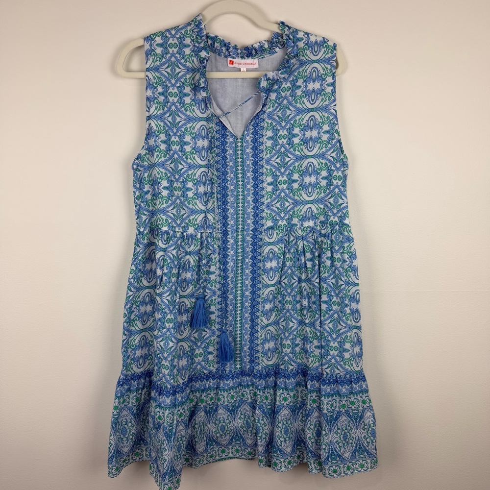 Jude Connally Blue Green Medallion Tassel Cotton Sleeveless Dress L
